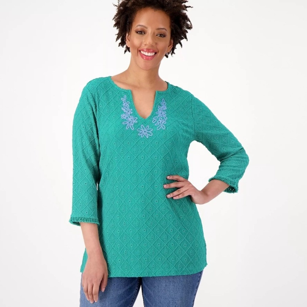 ISAAC MIZRAHI‎ Embroidered Tunic Top Women's 4X Green Textured Boho Knit Top